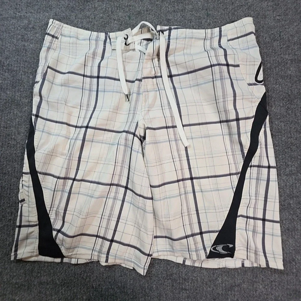 O'Neill Board Shorts Mens 36 Beige Plaid Surf Swim Drawstring Pocket Logo